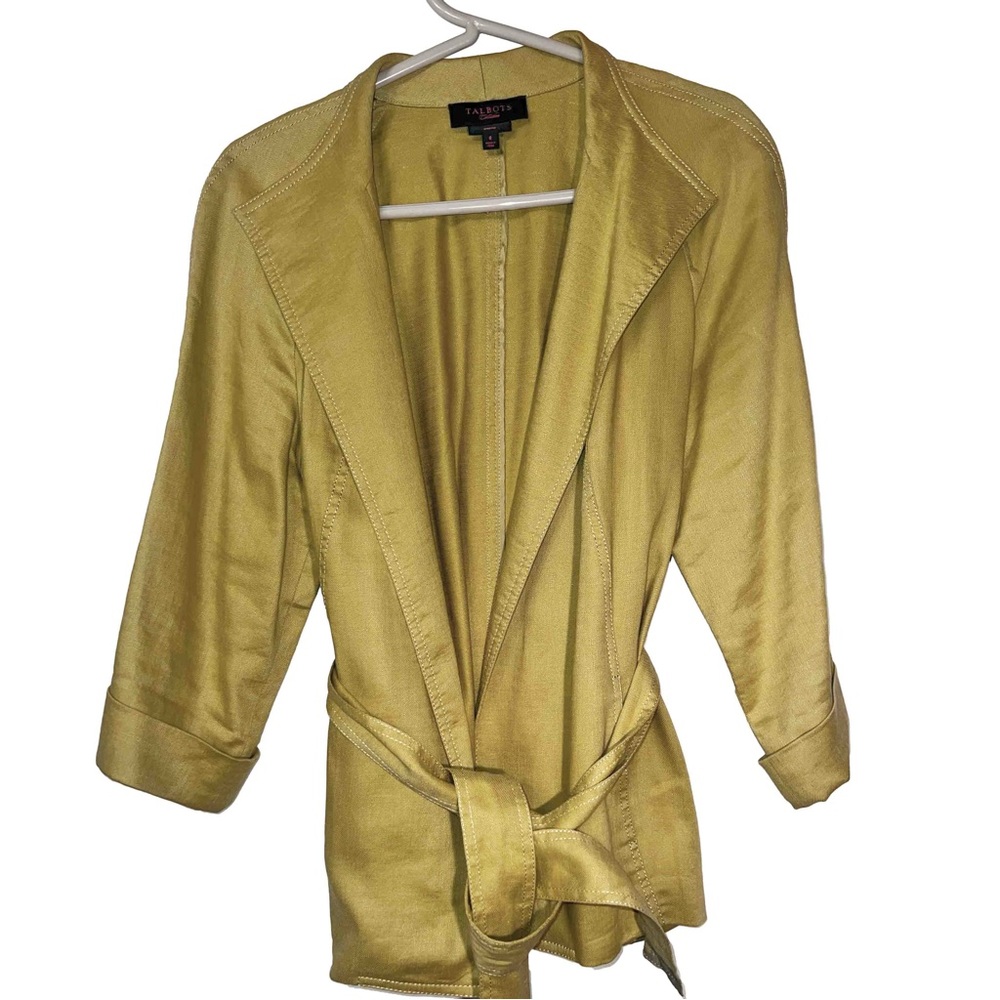 Talbots 67% linen 31% viscose, 2% spandex, size 8 jacket. 26 inches long